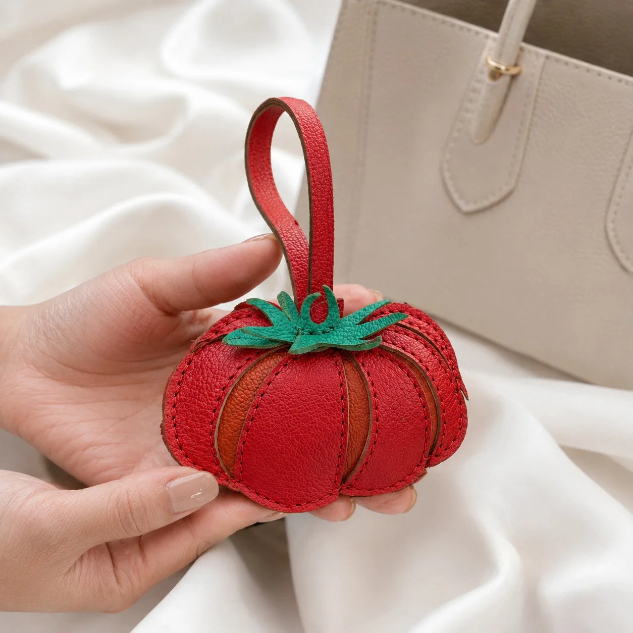 Red Tomato Leather Bag Charm – Handmade Genuine Leather Fruit Pendant | Sculpted Handbag Accessory Gift for Women