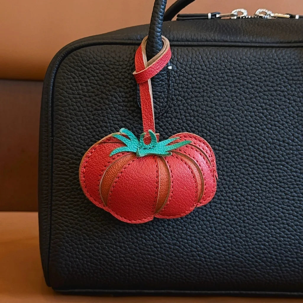 Red Tomato Leather Bag Charm – Handmade Genuine Leather Fruit Pendant | Sculpted Handbag Accessory Gift for Women