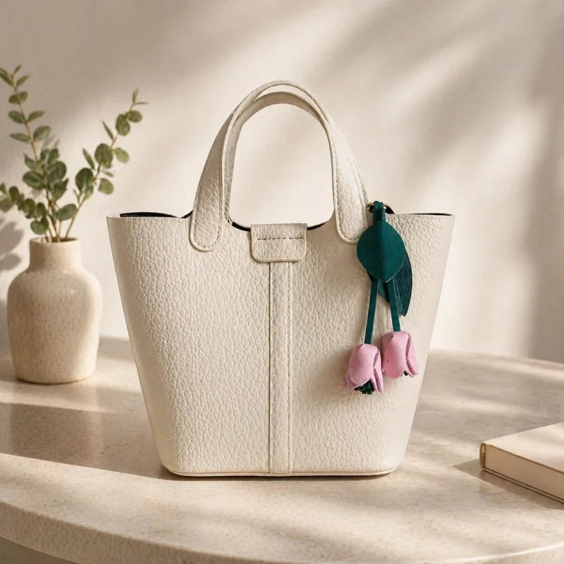 Dije de tulipán rosa para bolso, hecho a mano en piel de cordero francesa de primera calidad: elegante diseño floral para bolsos y llaves, un regalo artesanal para ella.