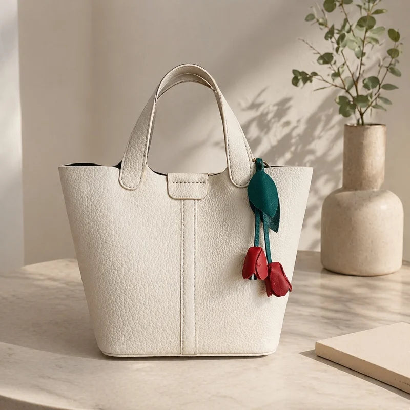 Dije de tulipán rosa para bolso, hecho a mano en piel de cordero francesa de primera calidad: elegante diseño floral para bolsos y llaves, un regalo artesanal para ella.