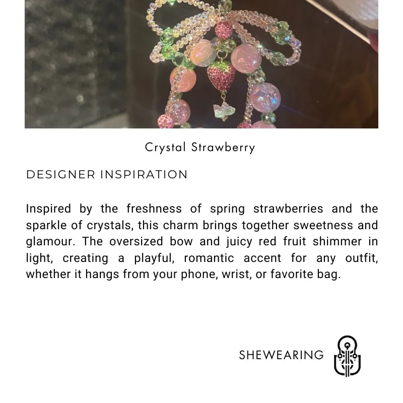 Strawberry Crystal Bow Phone Charm – Sweet Style Full Rhinestone Wrist Strap for Phones & Bags | Glittery Bag Pendant | Shiny Gift for Her