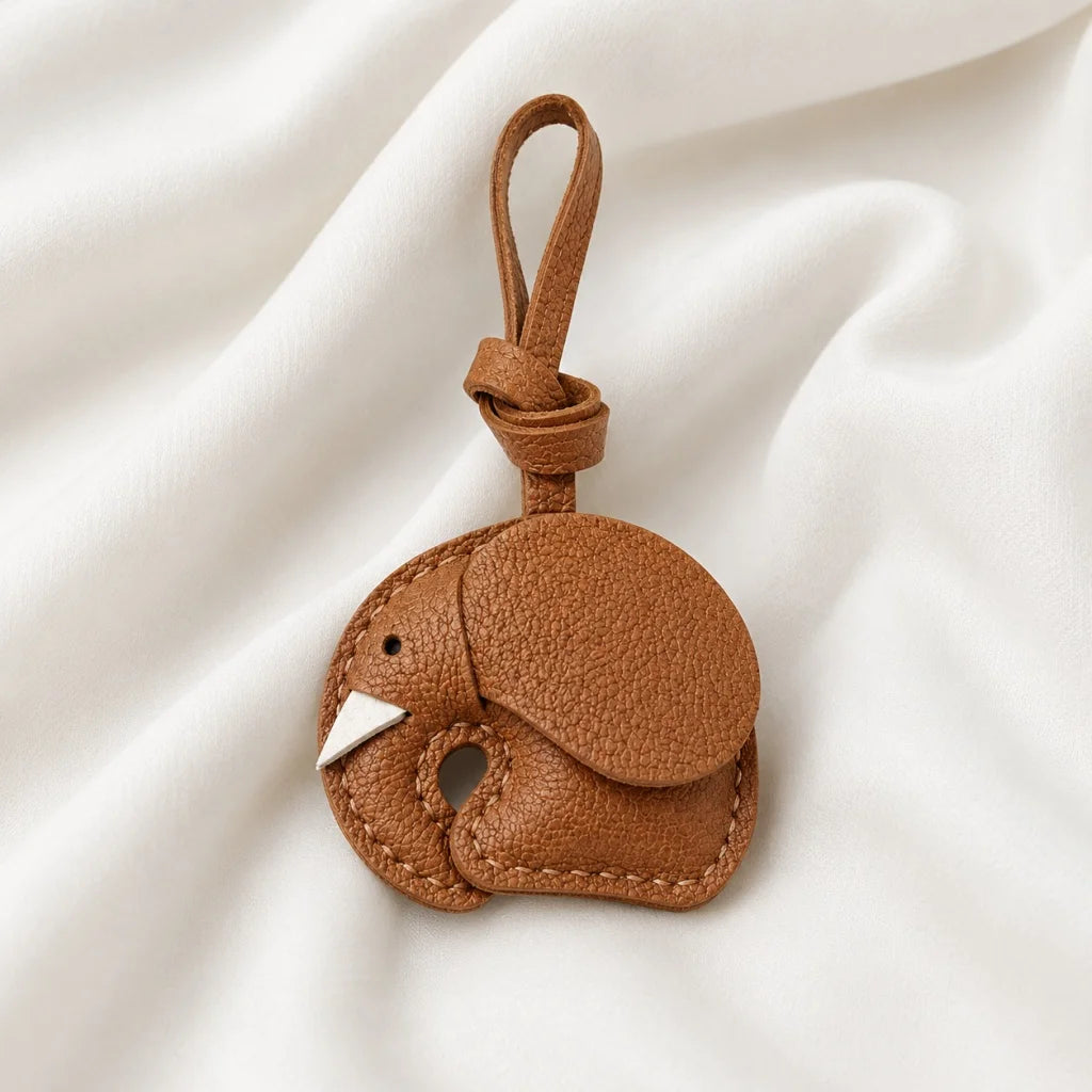 Minimalist Handcrafted Elephant Bag Charm | Double-Sided Full-Grain Leather Purse Accessory | Symbol of Luck & Wisdom Key Fob