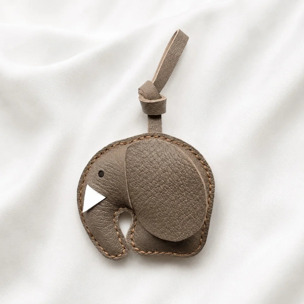 Minimalist Handcrafted Elephant Bag Charm | Double-Sided Full-Grain Leather Purse Accessory | Symbol of Luck & Wisdom Key Fob