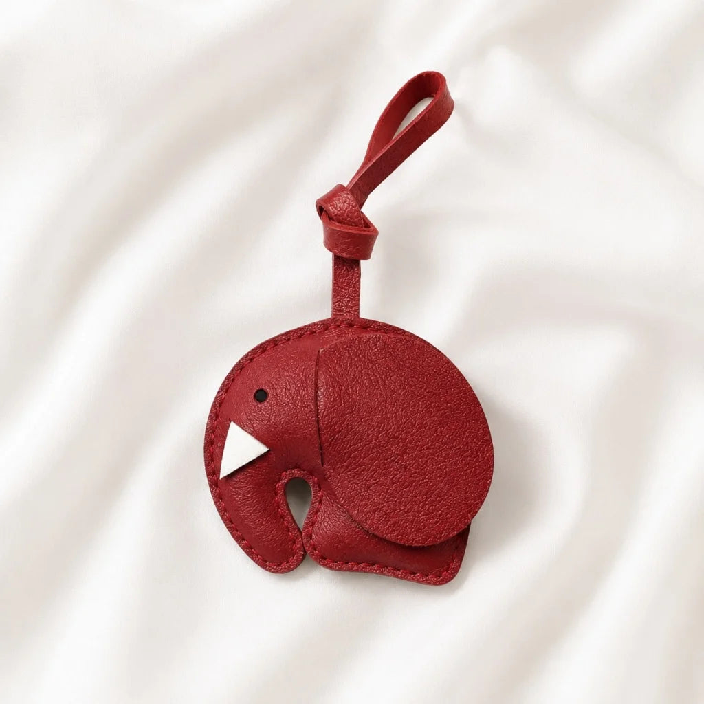 Minimalist Handcrafted Elephant Bag Charm | Double-Sided Full-Grain Leather Purse Accessory | Symbol of Luck & Wisdom Key Fob