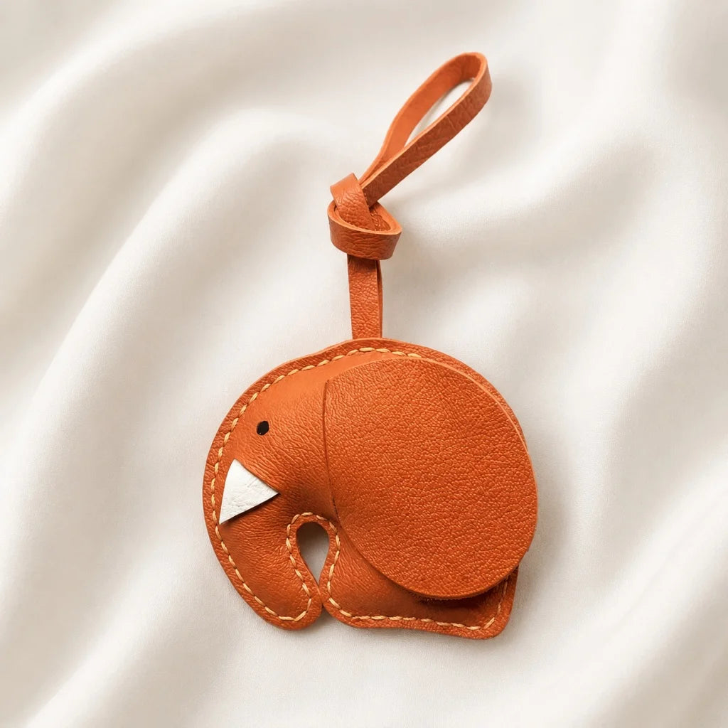 Minimalist Handcrafted Elephant Bag Charm | Double-Sided Full-Grain Leather Purse Accessory | Symbol of Luck & Wisdom Key Fob