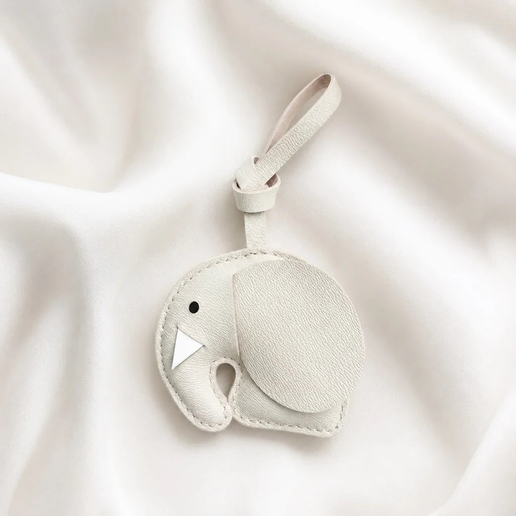 Minimalist Handcrafted Elephant Bag Charm | Double-Sided Full-Grain Leather Purse Accessory | Symbol of Luck & Wisdom Key Fob
