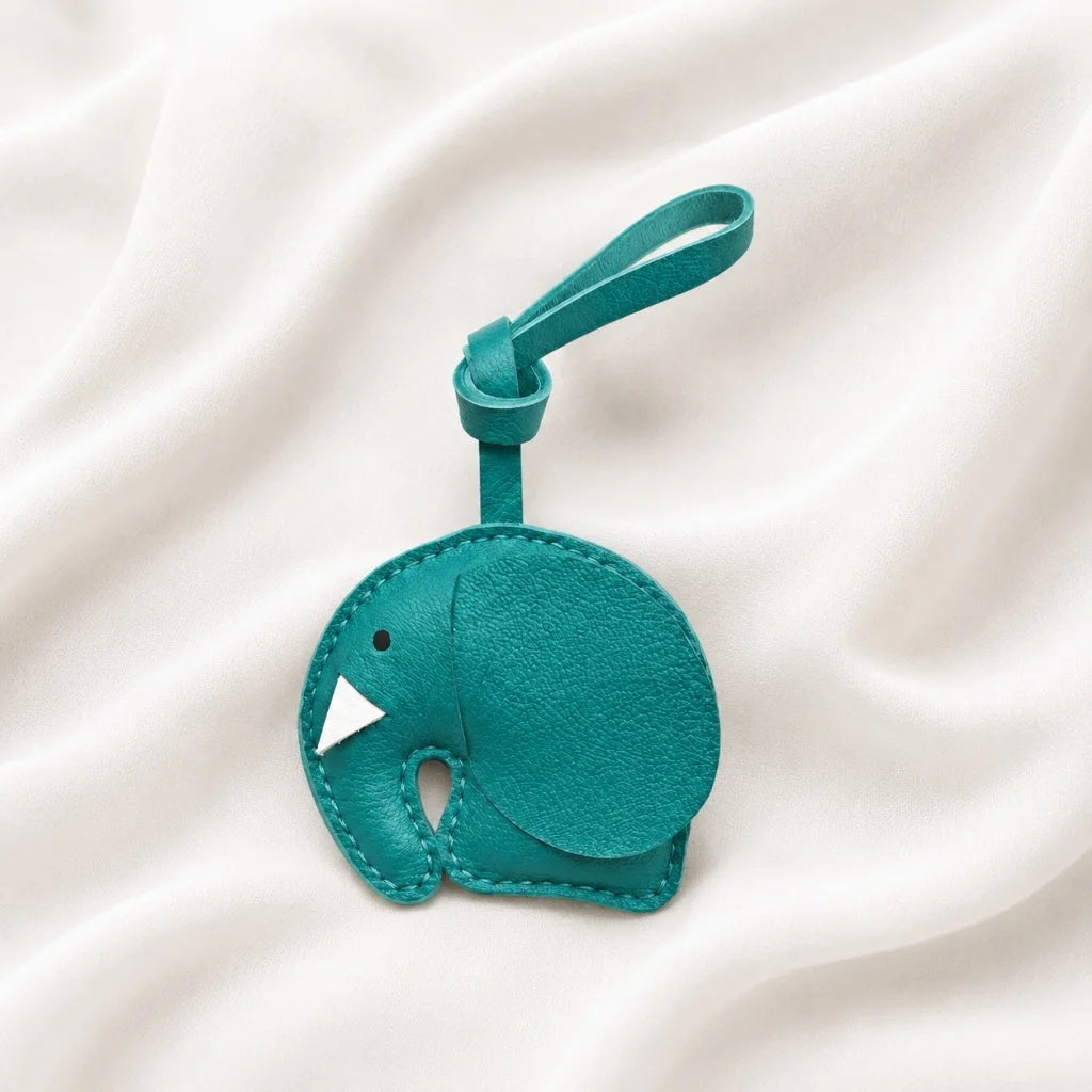 Minimalist Handcrafted Elephant Bag Charm | Double-Sided Full-Grain Leather Purse Accessory | Symbol of Luck & Wisdom Key Fob