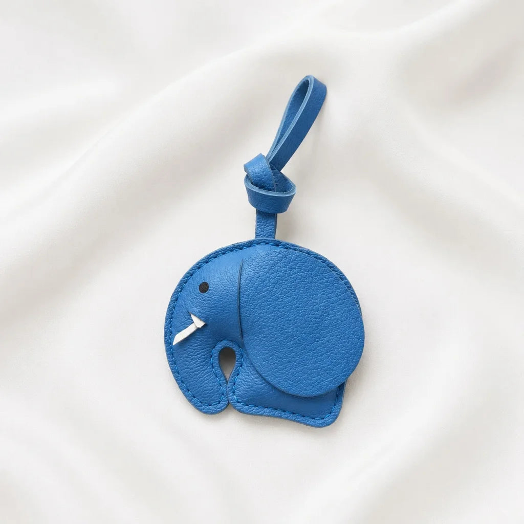 Minimalist Handcrafted Elephant Bag Charm | Double-Sided Full-Grain Leather Purse Accessory | Symbol of Luck & Wisdom Key Fob