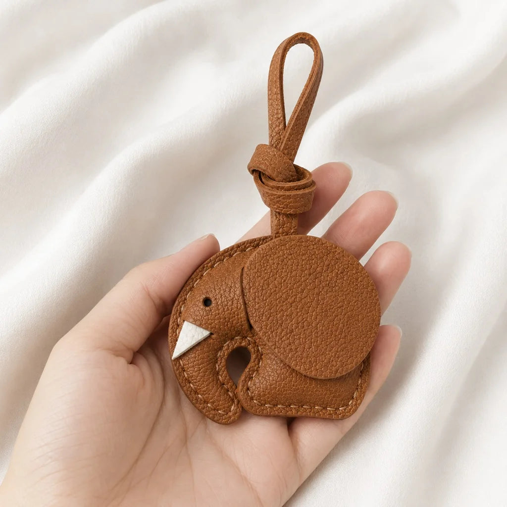 Minimalist Handcrafted Elephant Bag Charm | Double-Sided Full-Grain Leather Purse Accessory | Symbol of Luck & Wisdom Key Fob