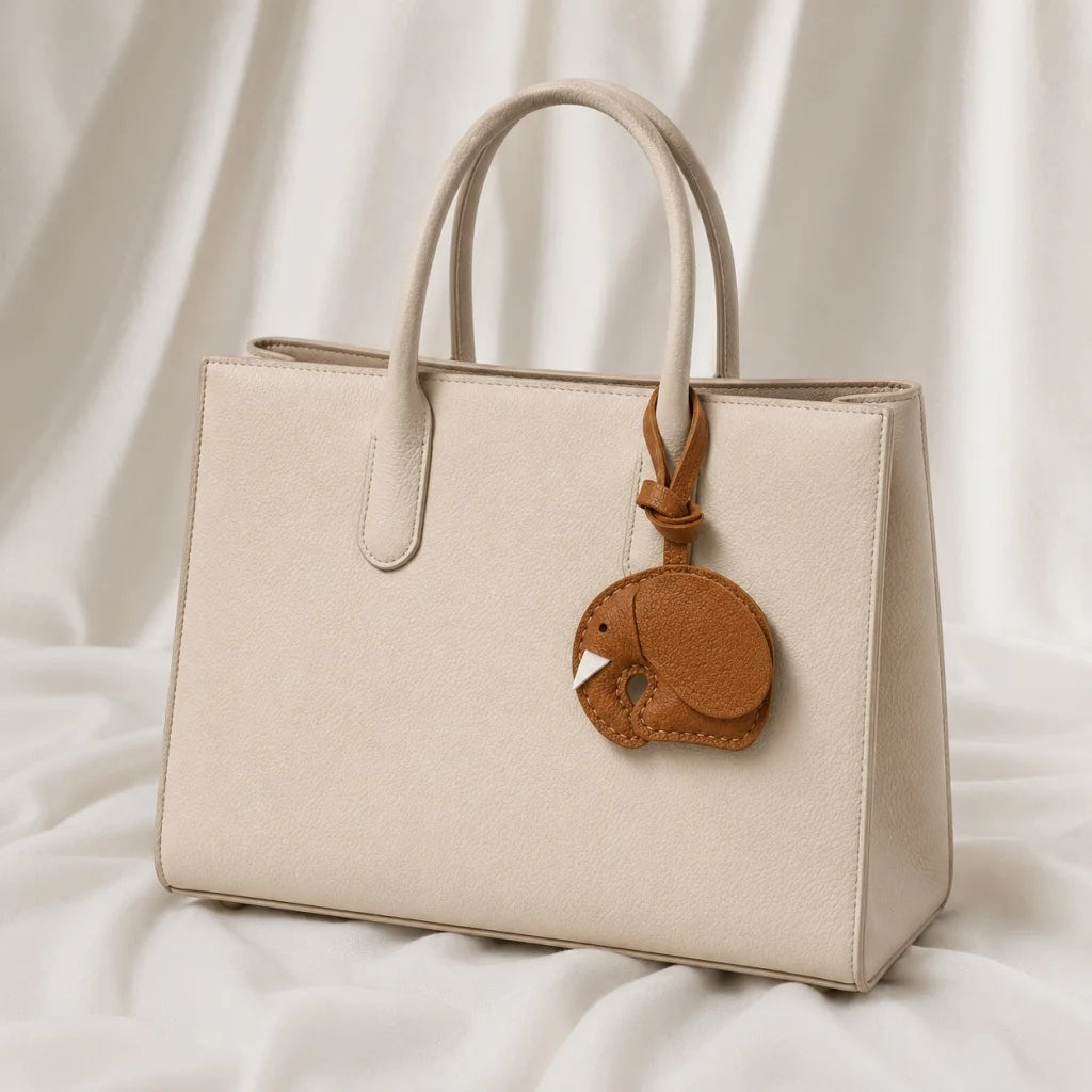 Minimalist Handcrafted Elephant Bag Charm | Double-Sided Full-Grain Leather Purse Accessory | Symbol of Luck & Wisdom Key Fob