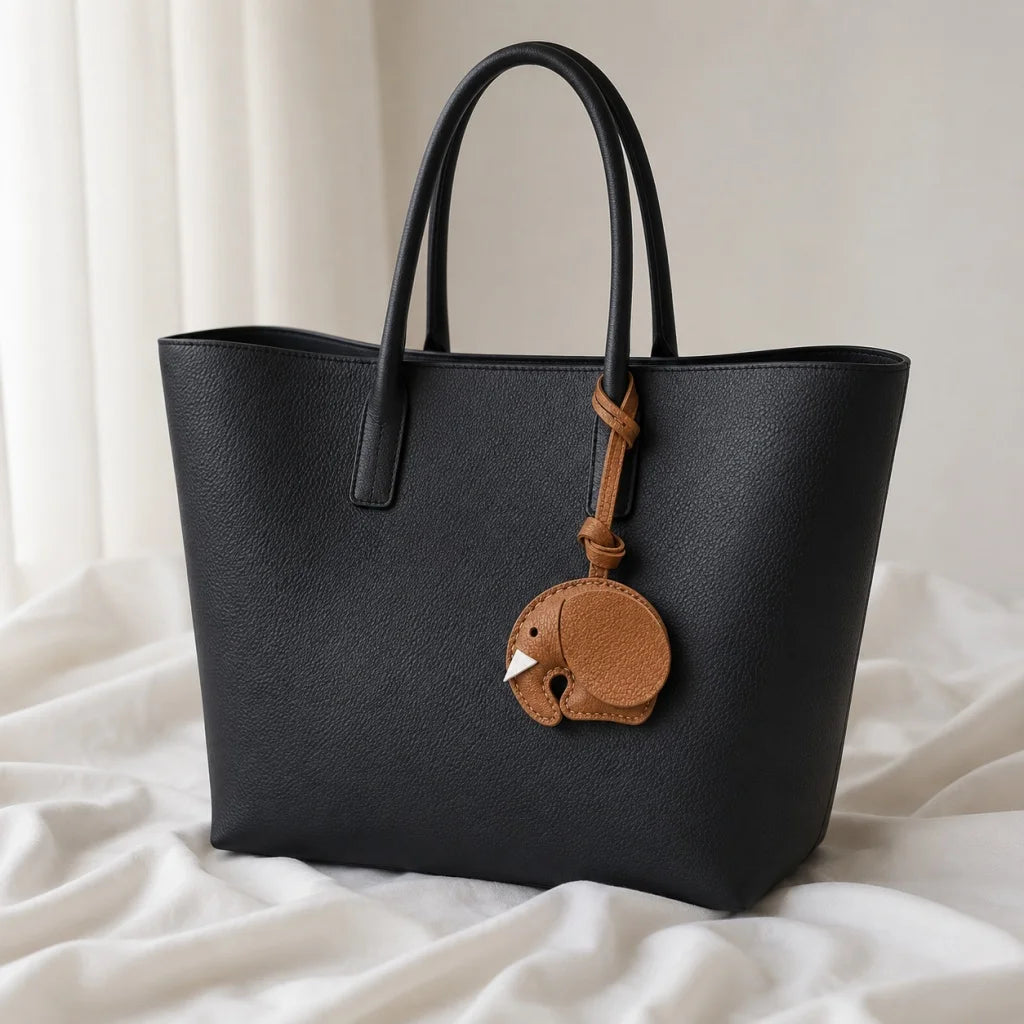 Minimalist Handcrafted Elephant Bag Charm | Double-Sided Full-Grain Leather Purse Accessory | Symbol of Luck & Wisdom Key Fob