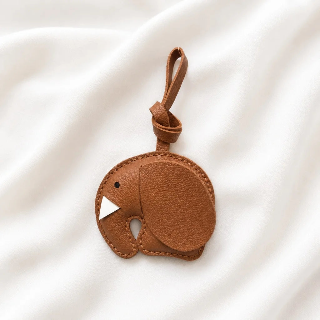 Minimalist Handcrafted Elephant Bag Charm | Double-Sided Full-Grain Leather Purse Accessory | Symbol of Luck & Wisdom Key Fob