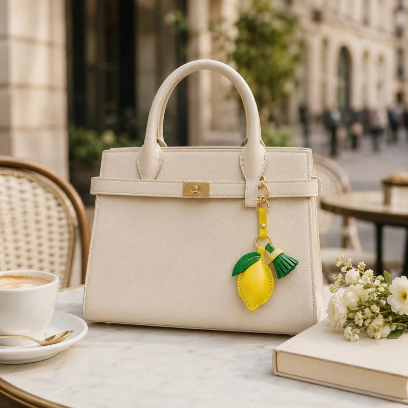 Dije de limón para bolso hecho a mano: llavero de piel de cordero plena flor con borla, diseño artesanal, regalo ideal para parejas y amigos.