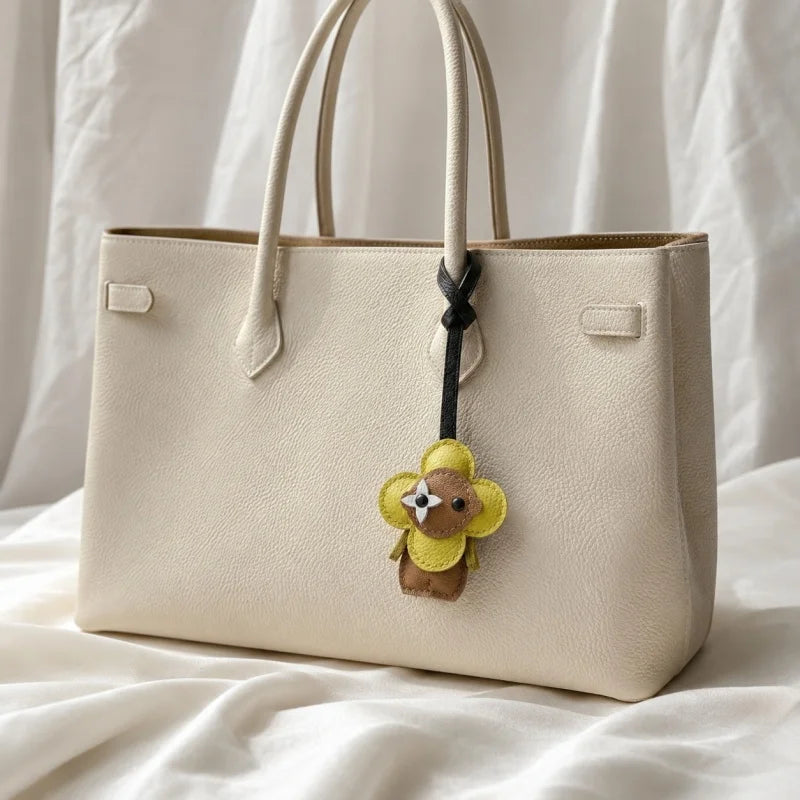 Dije para bolso de piel de girasol con forma de trébol – Colgante de piel de cordero francesa hecho a mano | Llavero con dibujos animados | Accesorio de lujo único y un bonito regalo para mujer