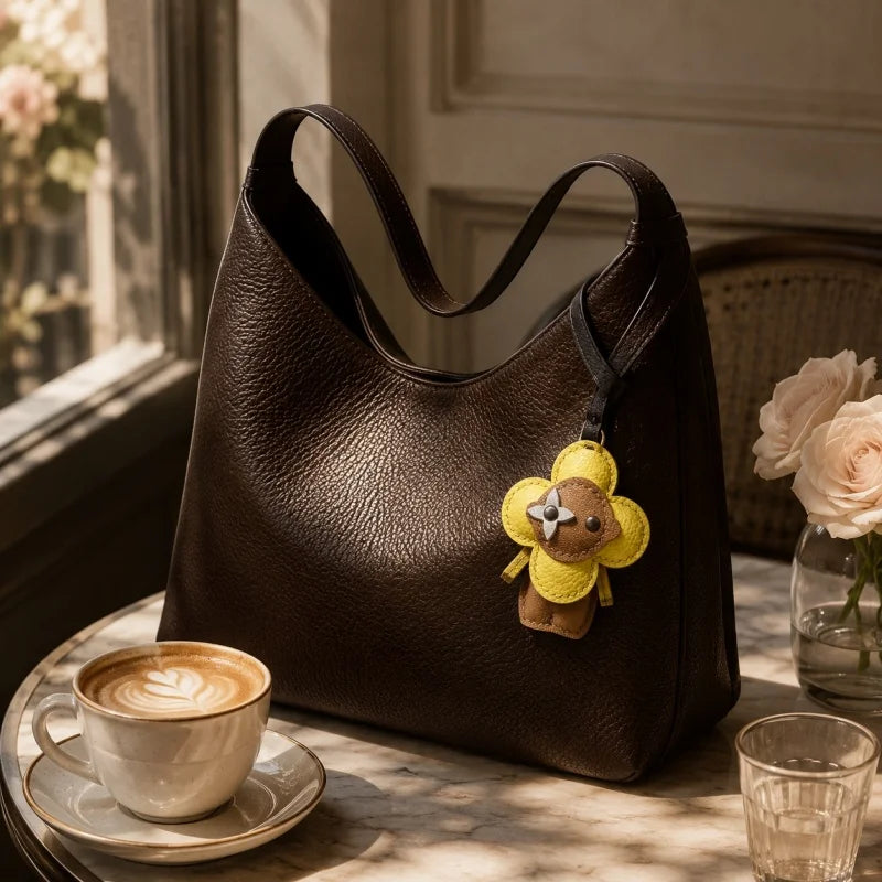 Dije para bolso de piel de girasol con forma de trébol – Colgante de piel de cordero francesa hecho a mano | Llavero con dibujos animados | Accesorio de lujo único y un bonito regalo para mujer