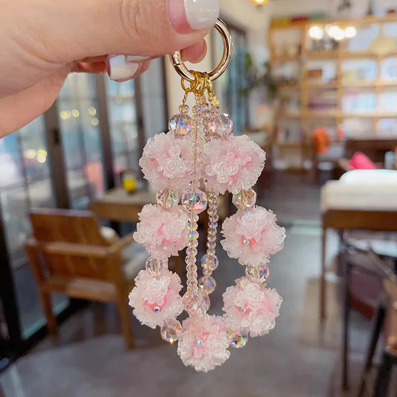 Double-Layer Pink Crystal Flower Phone Charm – Handmade Beaded Pendant with 3D Floral Beads | Convertible Bag Accessory & Keychain | Elegant Feminine Style