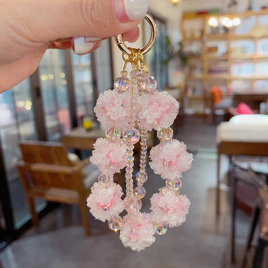 Double-Layer Pink Crystal Flower Phone Charm – Handmade Beaded Pendant with 3D Floral Beads | Convertible Bag Accessory & Keychain | Elegant Feminine Style