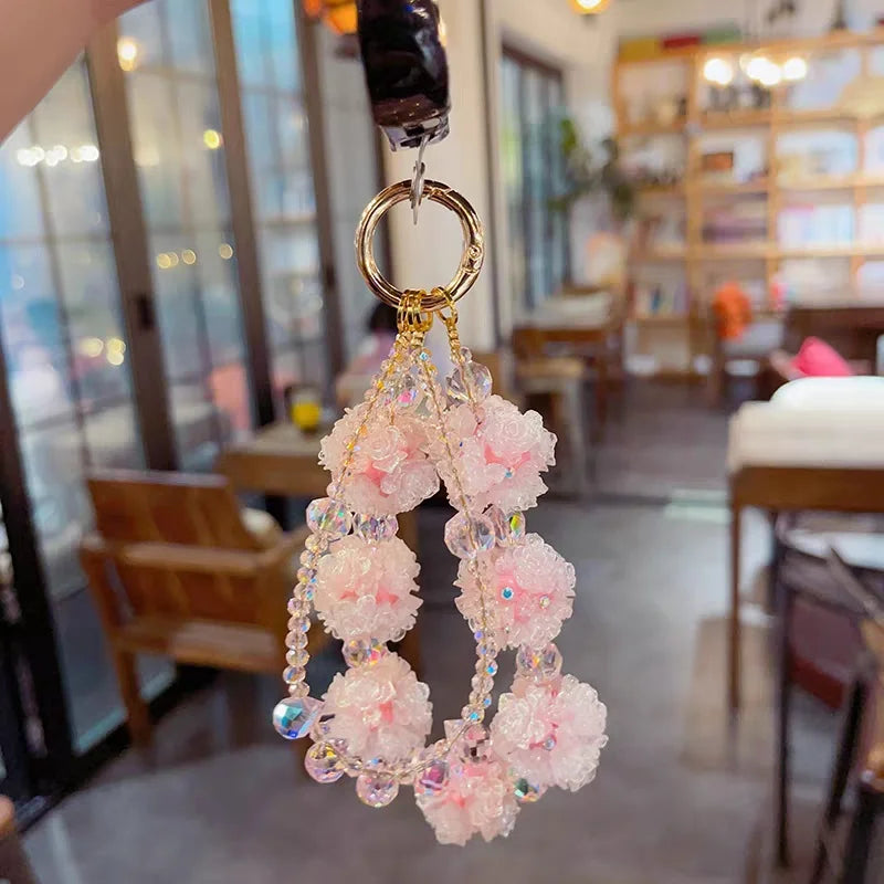 Double-Layer Pink Crystal Flower Phone Charm – Handmade Beaded Pendant with 3D Floral Beads | Convertible Bag Accessory & Keychain | Elegant Feminine Style