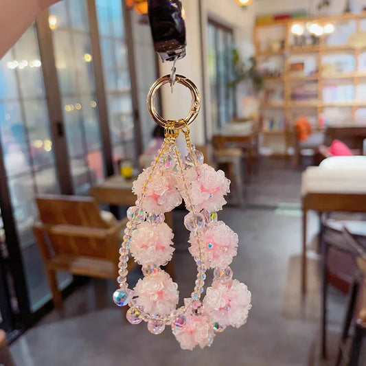 Double-Layer Pink Crystal Flower Phone Charm – Handmade Beaded Pendant with 3D Floral Beads | Convertible Bag Accessory & Keychain | Elegant Feminine Style
