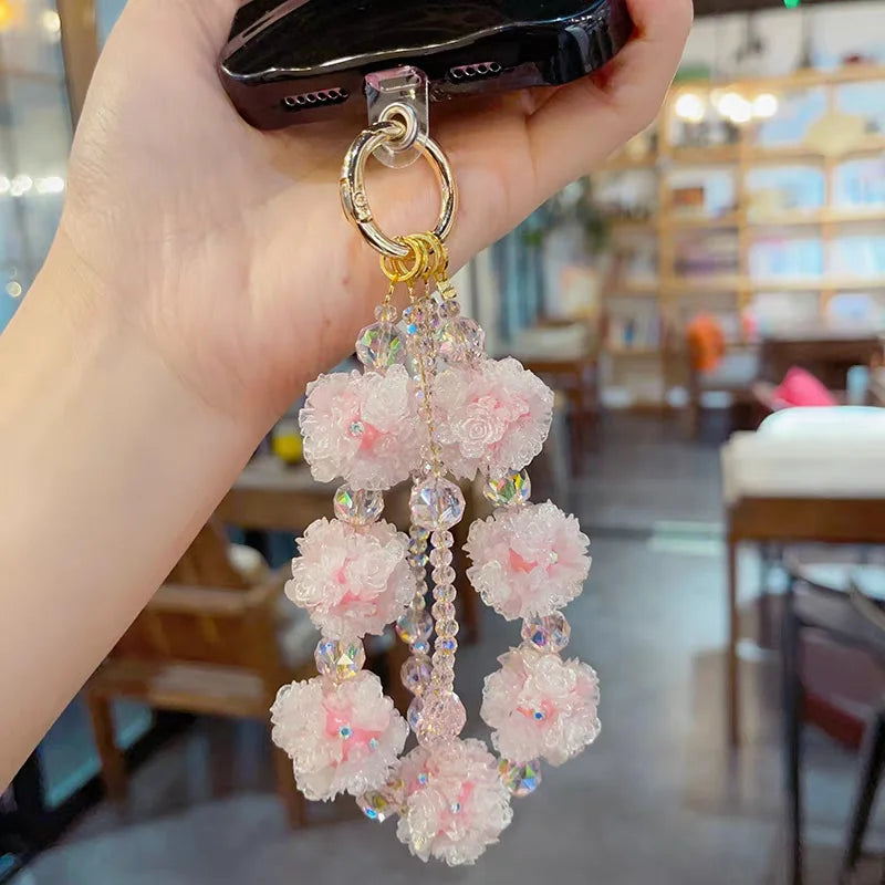 Double-Layer Pink Crystal Flower Phone Charm – Handmade Beaded Pendant with 3D Floral Beads | Convertible Bag Accessory & Keychain | Elegant Feminine Style