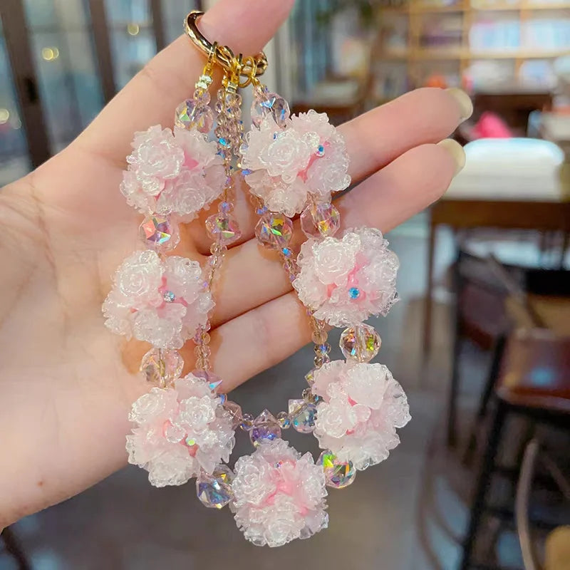 Double-Layer Pink Crystal Flower Phone Charm – Handmade Beaded Pendant with 3D Floral Beads | Convertible Bag Accessory & Keychain | Elegant Feminine Style