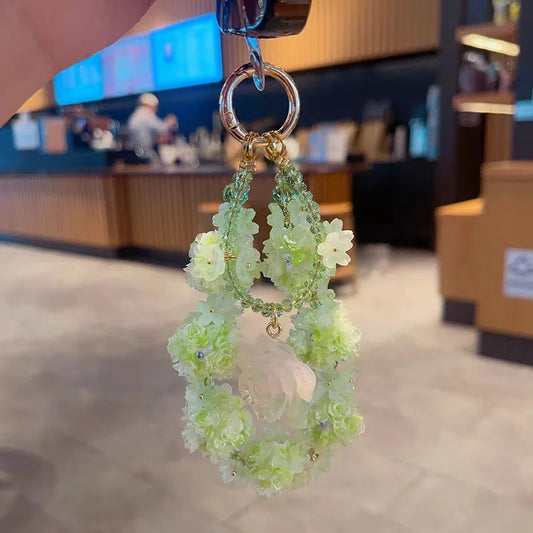 Glow Rose Crystal Phone Charm – Green Rose & Luminous Beaded Wrist Strap | Short Elegant Chain for Phones, Bags & Keys | Chic Inspired Accessory