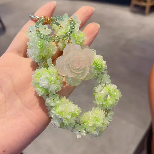 Glow Rose Crystal Phone Charm – Green Rose & Luminous Beaded Wrist Strap | Short Elegant Chain for Phones, Bags & Keys | Chic Inspired Accessory