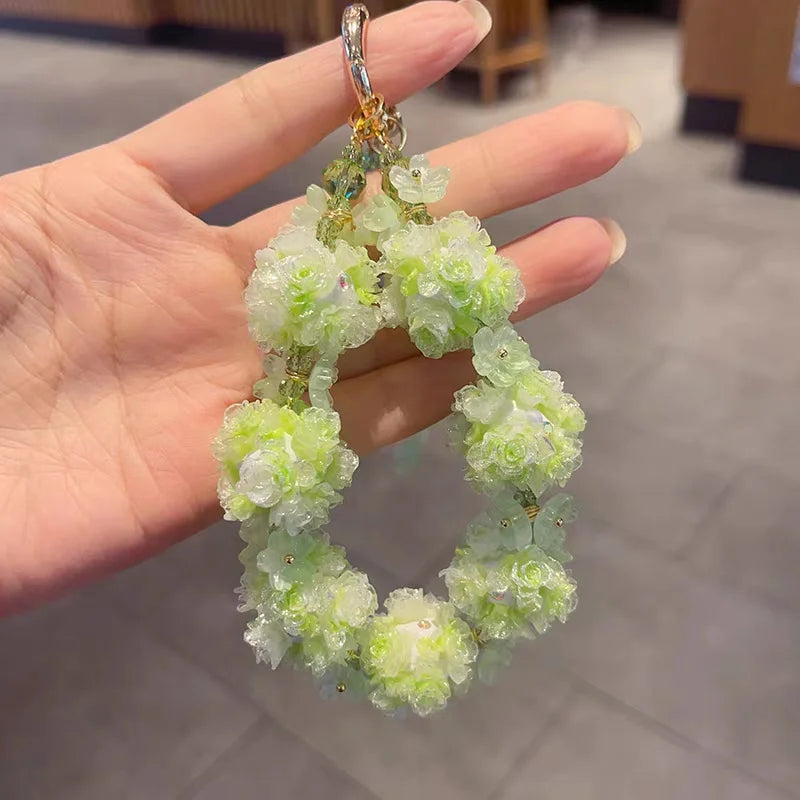 Glow Rose Crystal Phone Charm – Green Rose & Luminous Beaded Wrist Strap | Short Elegant Chain for Phones, Bags & Keys | Chic Inspired Accessory
