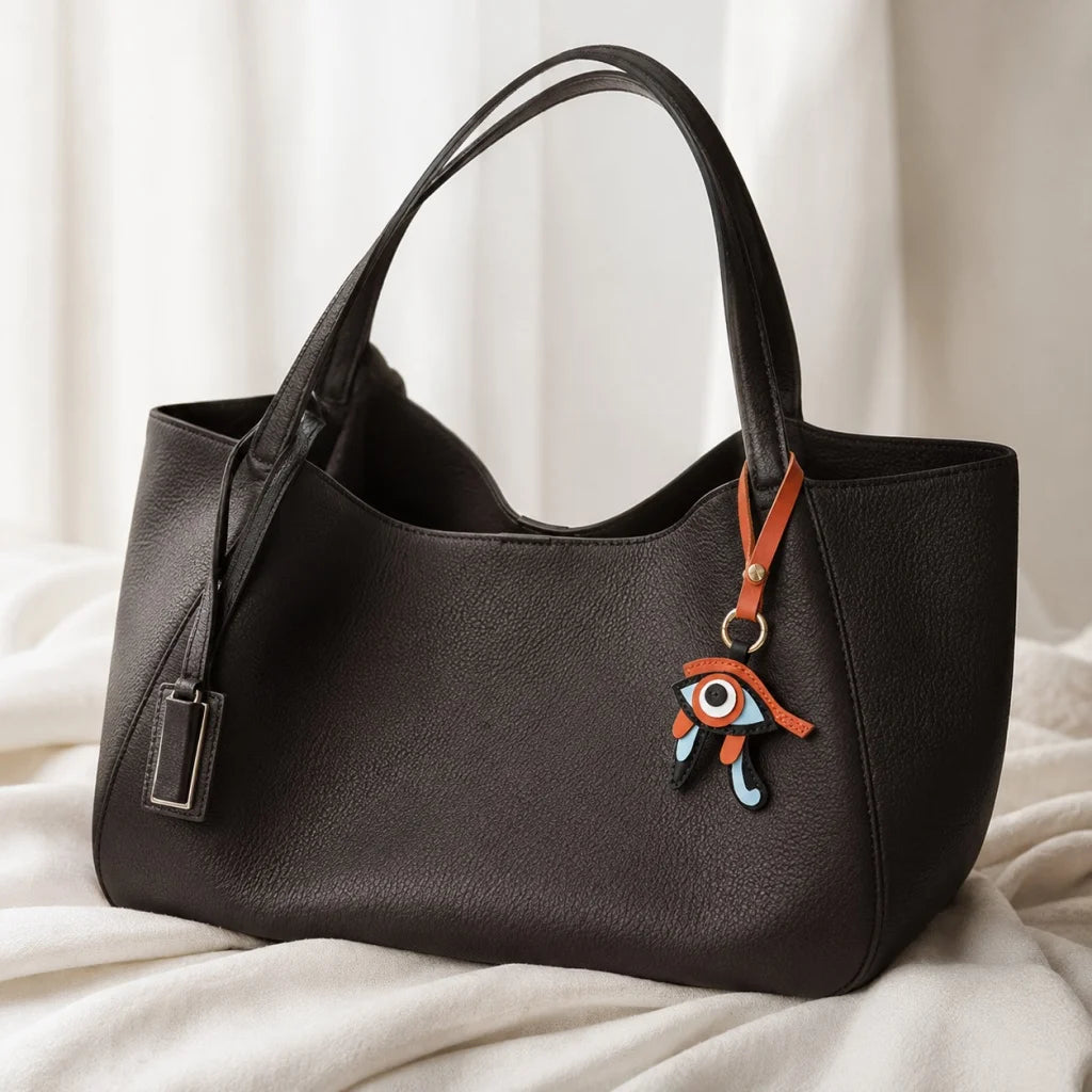Amuleto para bolso de piel de cabra Ojo Místico de Horus – Llavero hecho a mano | Talismán egipcio de protección | Colgante de la suerte para bolsos