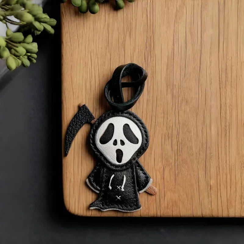 Halloween Grim Reaper Leather Bag Charm – Handmade Full-Grain Leather Keychain | Spooky Ghost Pendant | Unique Holiday Accessory for Women