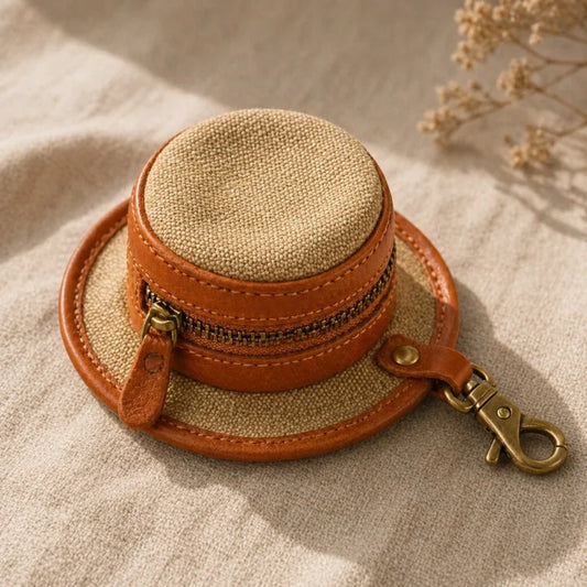 Dije vintage de lona y cuero para sombrero – Monedero con porta pintalabios | Accesorio creativo para bolso | Organizador retro con cremallera