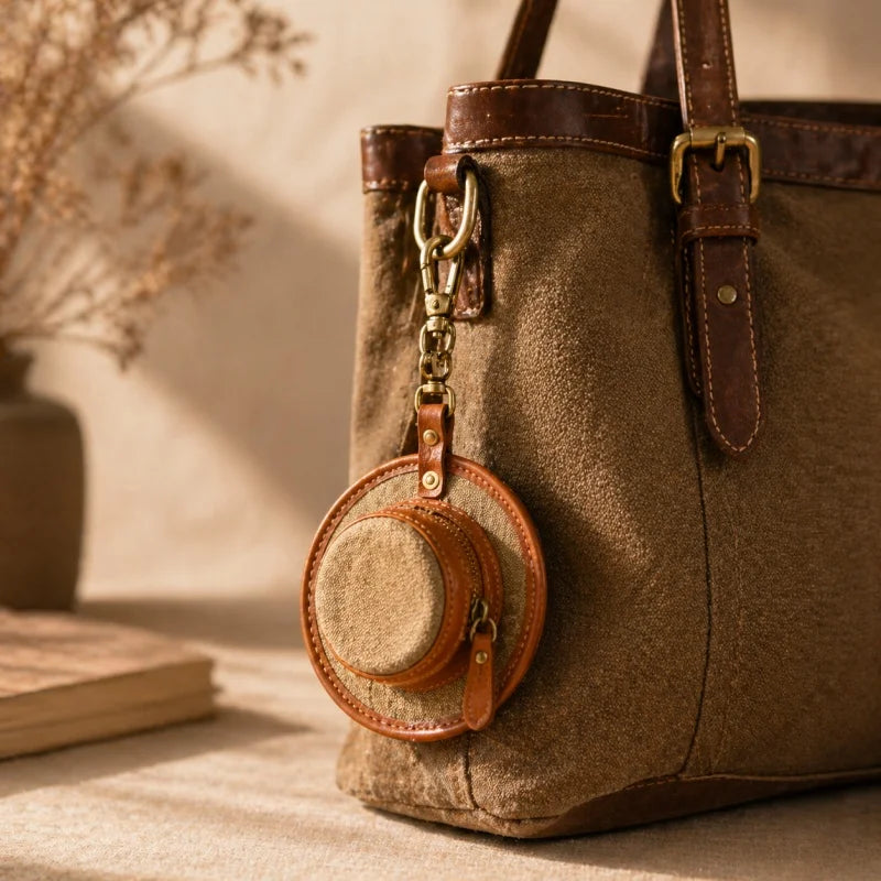 Vintage Canvas & Leather Hat Charm – Mini Lipstick Holder Coin Purse | Creative Bag Pendant Accessory | Cute Retro Organizer with Zipper