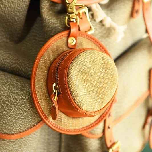 Vintage Canvas & Leather Hat Charm – Mini Lipstick Holder Coin Purse | Creative Bag Pendant Accessory | Cute Retro Organizer with Zipper