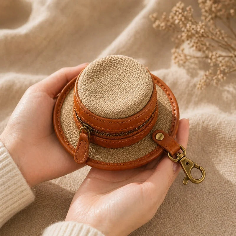 Vintage Canvas & Leather Hat Charm – Mini Lipstick Holder Coin Purse | Creative Bag Pendant Accessory | Cute Retro Organizer with Zipper
