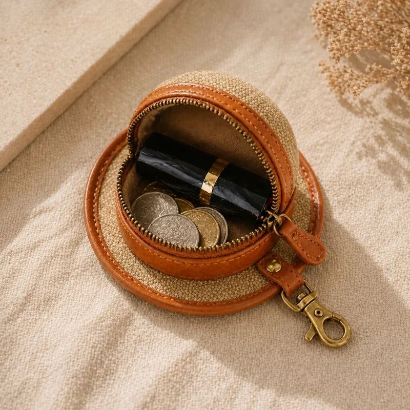 Vintage Canvas & Leather Hat Charm – Mini Lipstick Holder Coin Purse | Creative Bag Pendant Accessory | Cute Retro Organizer with Zipper