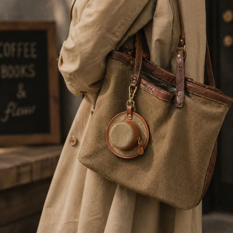 Vintage Canvas & Leather Hat Charm – Mini Lipstick Holder Coin Purse | Creative Bag Pendant Accessory | Cute Retro Organizer with Zipper