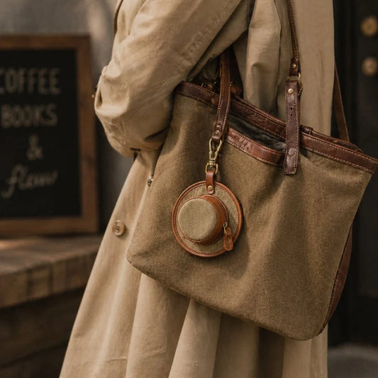 Dije vintage de lona y cuero para sombrero – Monedero con porta pintalabios | Accesorio creativo para bolso | Organizador retro con cremallera