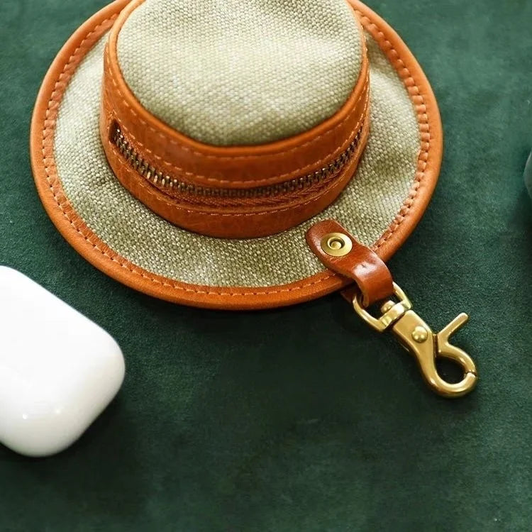 Vintage Canvas & Leather Hat Charm – Mini Lipstick Holder Coin Purse | Creative Bag Pendant Accessory | Cute Retro Organizer with Zipper