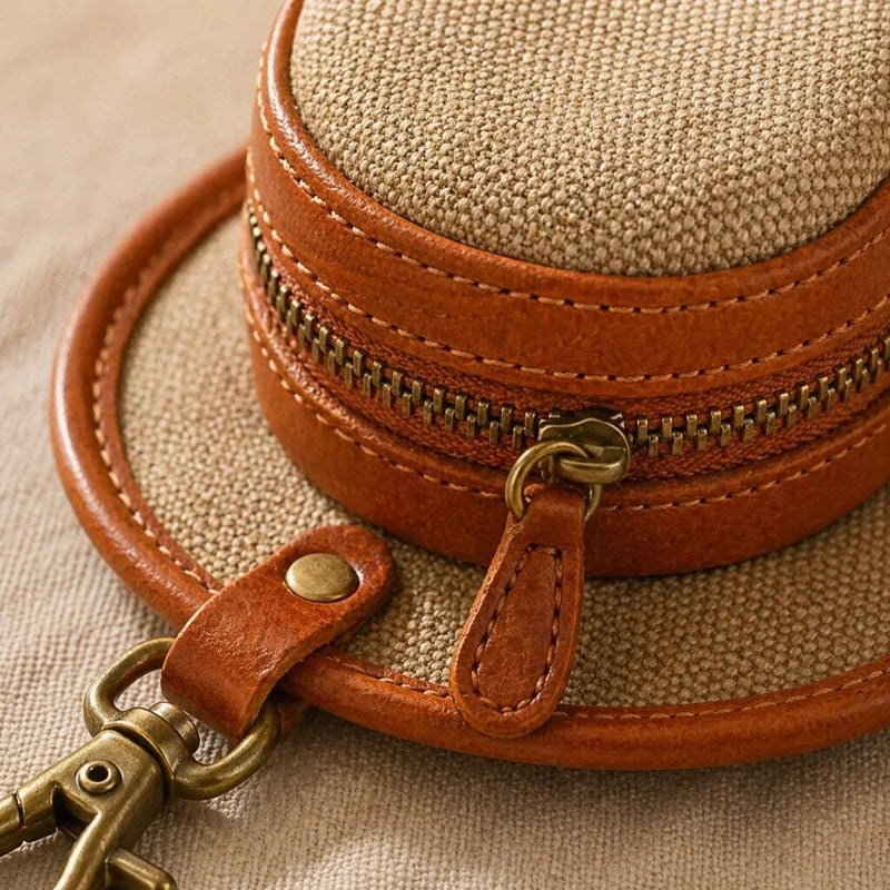 Vintage Canvas & Leather Hat Charm – Mini Lipstick Holder Coin Purse | Creative Bag Pendant Accessory | Cute Retro Organizer with Zipper