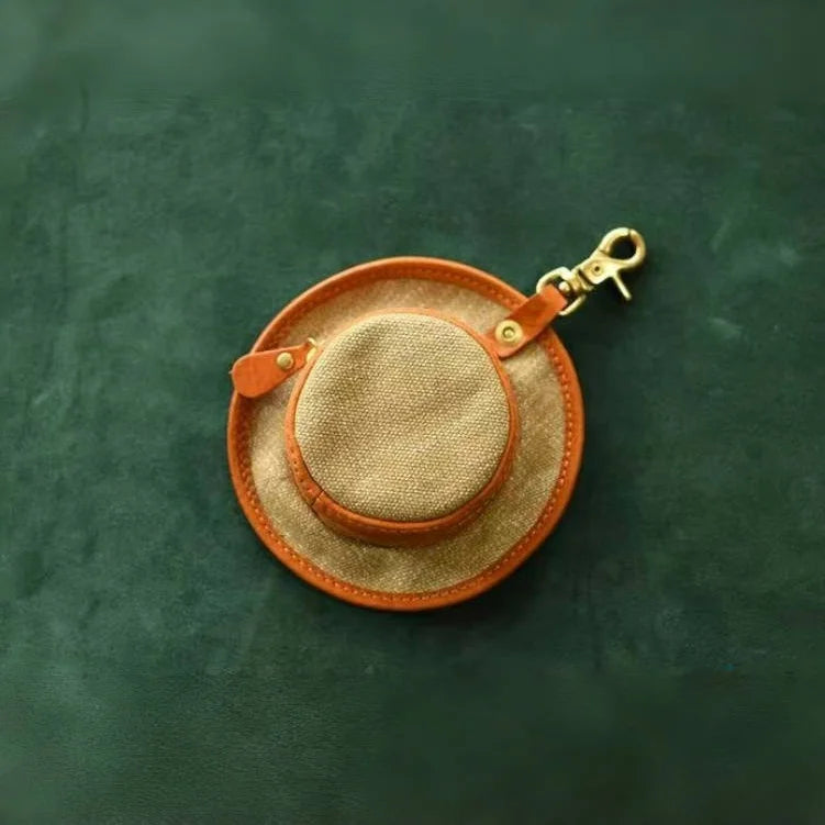 Vintage Canvas & Leather Hat Charm – Mini Lipstick Holder Coin Purse | Creative Bag Pendant Accessory | Cute Retro Organizer with Zipper