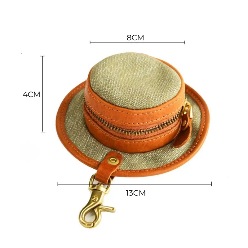 Vintage Canvas & Leather Hat Charm – Mini Lipstick Holder Coin Purse | Creative Bag Pendant Accessory | Cute Retro Organizer with Zipper