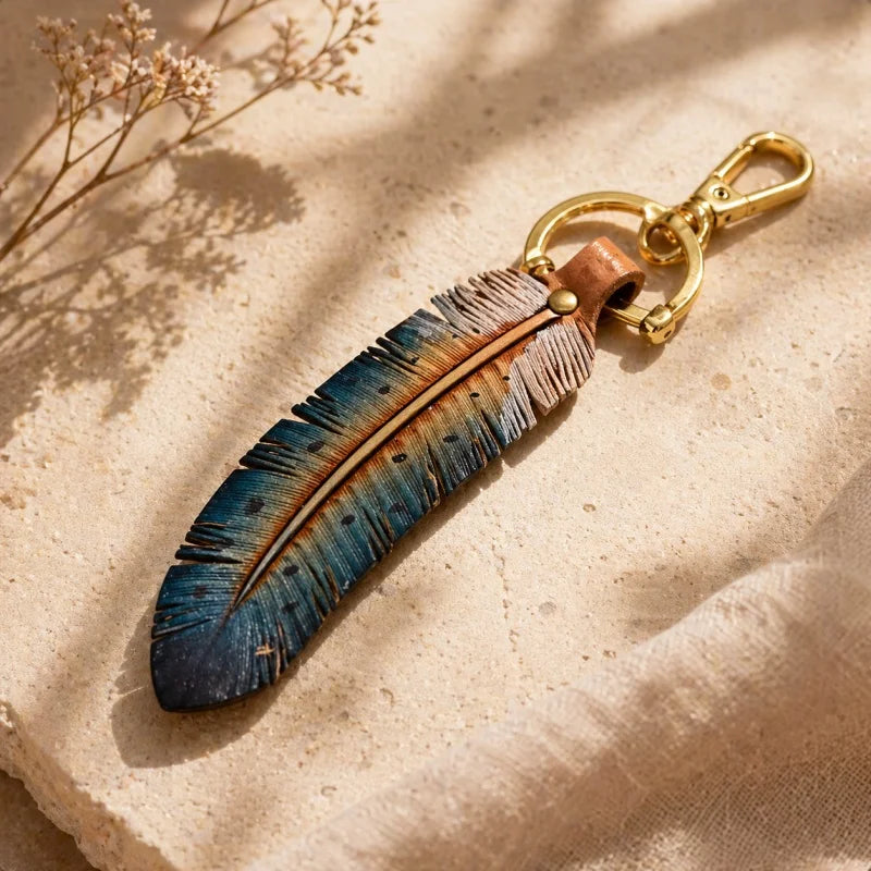 Dije original de pluma nórdica de cuero genuino: accesorio para bolso o llavero de piel de vacuno de plena flor hecho a mano, etéreo y elegante, el regalo perfecto para amantes de la naturaleza.