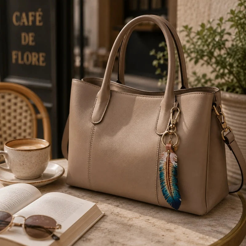 Amuleto Original de Plumas Nórdicas de Cuero Genuino – Accesorio de Bolso o Llavero Artesanal de Piel de Vacuno de Grano Completo, Etéreo