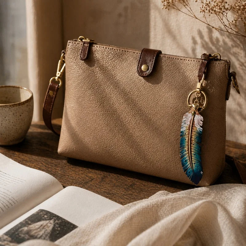 Dije original de pluma nórdica de cuero genuino: accesorio para bolso o llavero de piel de vacuno de plena flor hecho a mano, etéreo y elegante, el regalo perfecto para amantes de la naturaleza.