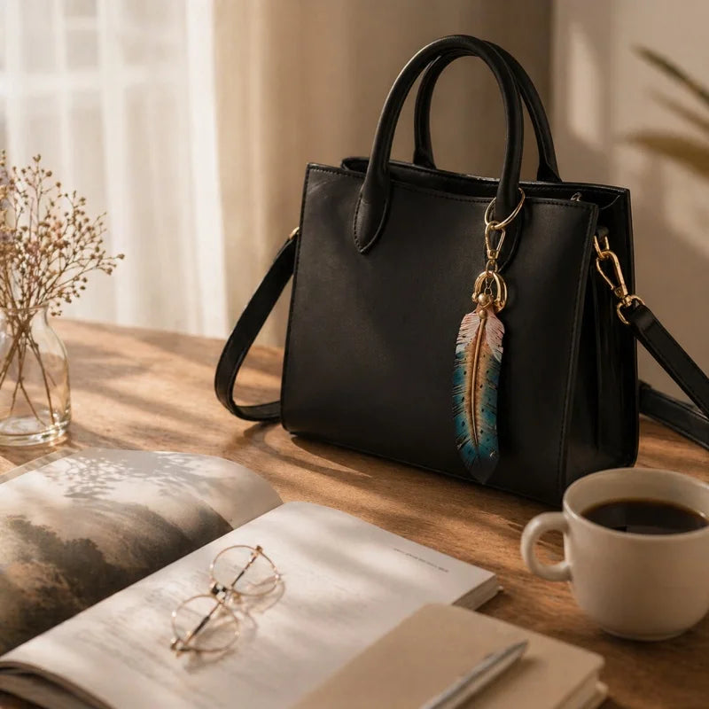 Dije original de pluma nórdica de cuero genuino: accesorio para bolso o llavero de piel de vacuno de plena flor hecho a mano, etéreo y elegante, el regalo perfecto para amantes de la naturaleza.