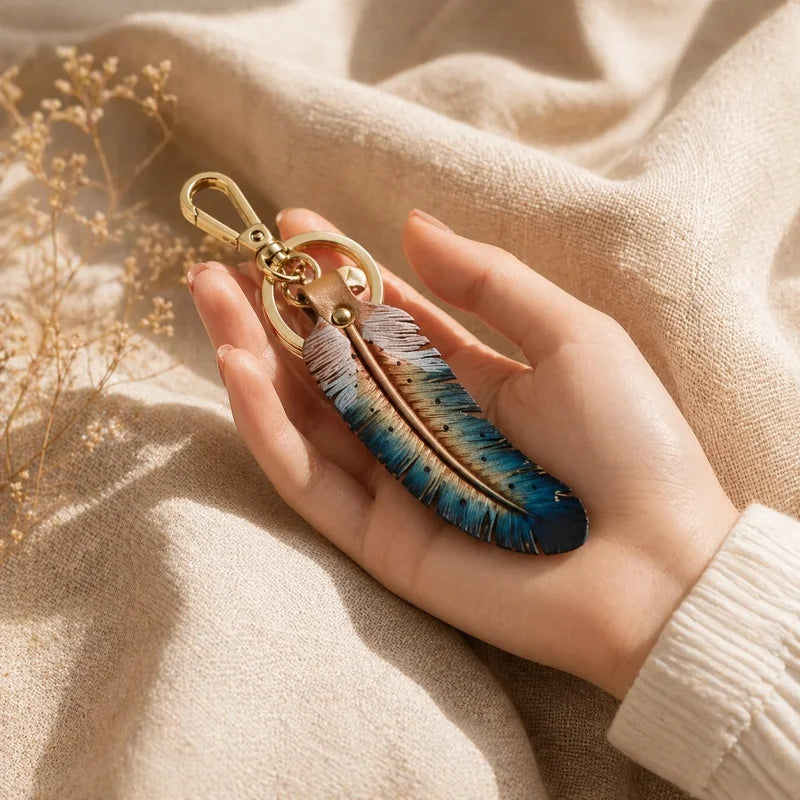 Dije original de pluma nórdica de cuero genuino: accesorio para bolso o llavero de piel de vacuno de plena flor hecho a mano, etéreo y elegante, el regalo perfecto para amantes de la naturaleza.