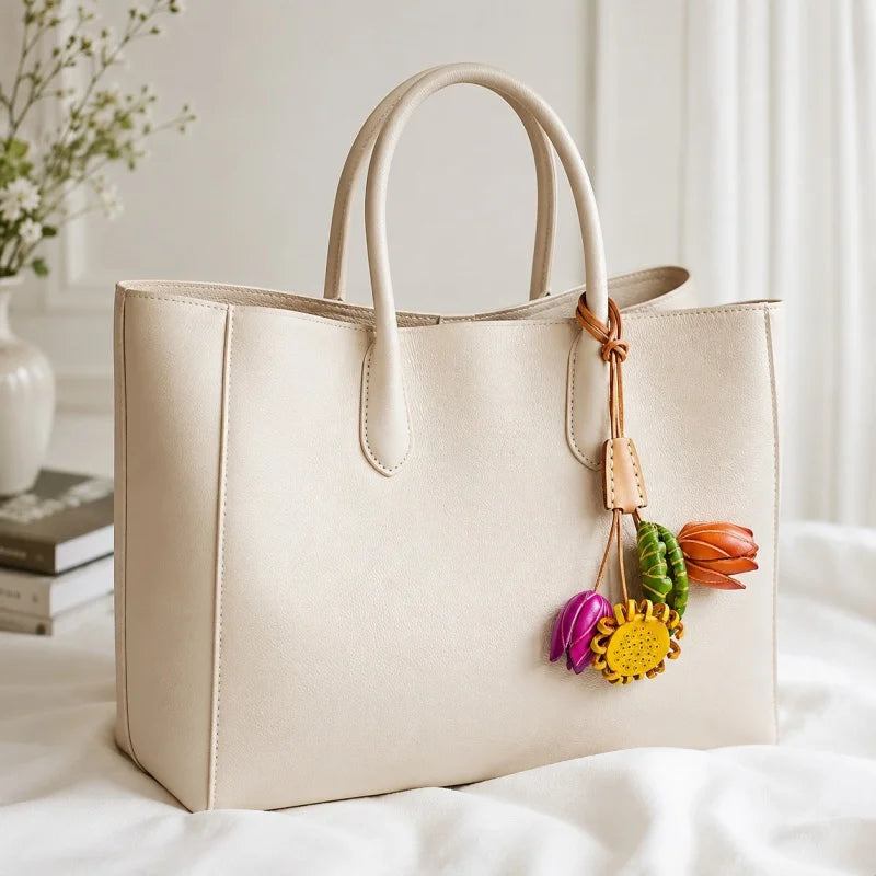 Dije de cuero con diseño de jardín floral nórdico: accesorio hecho a mano en piel de vacuno plena flor para bolsos y regalos, con un estilo elegante y floreciente.