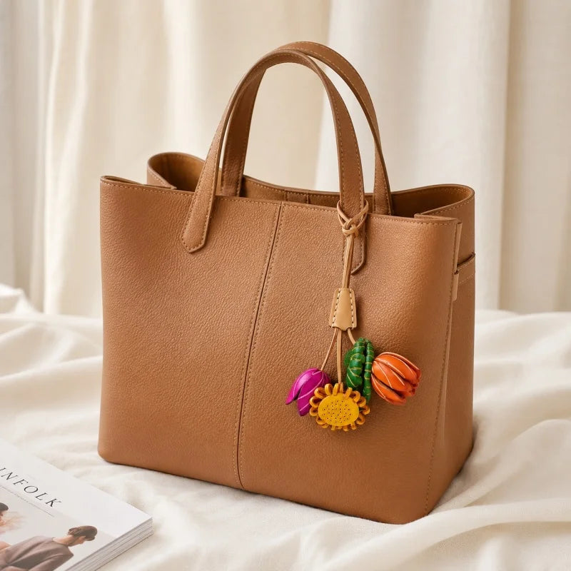 Dije de cuero con diseño de jardín floral nórdico: accesorio hecho a mano en piel de vacuno plena flor para bolsos y regalos, con un estilo elegante y floreciente.