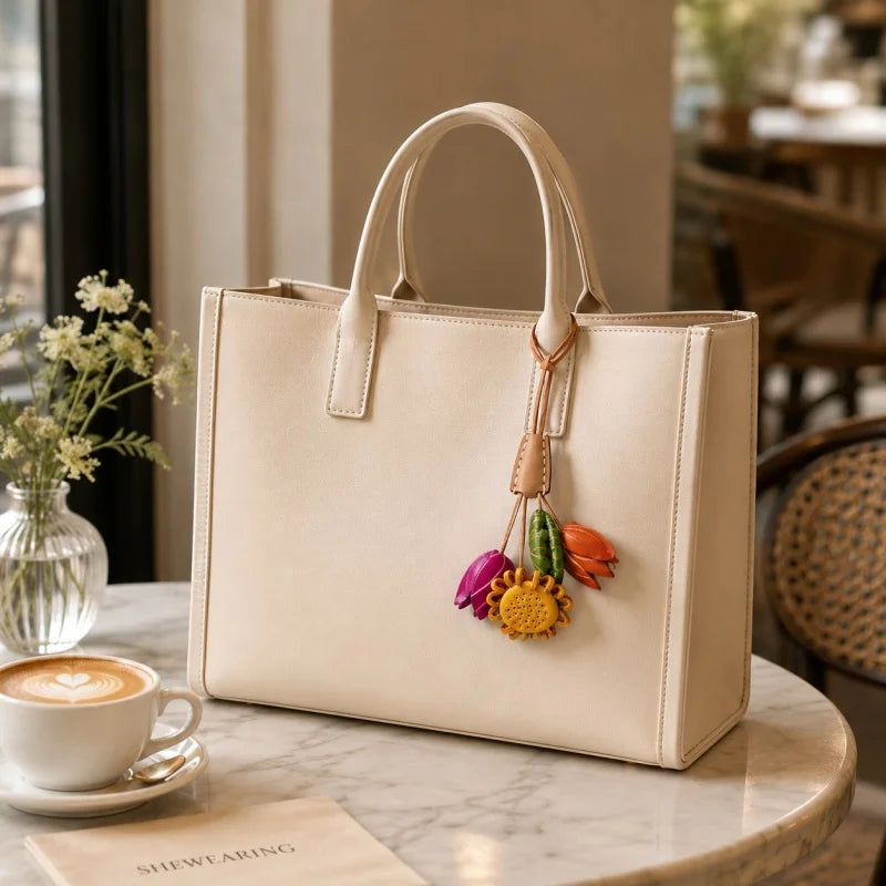 Dije de cuero con diseño de jardín floral nórdico: accesorio hecho a mano en piel de vacuno plena flor para bolsos y regalos, con un estilo elegante y floreciente.