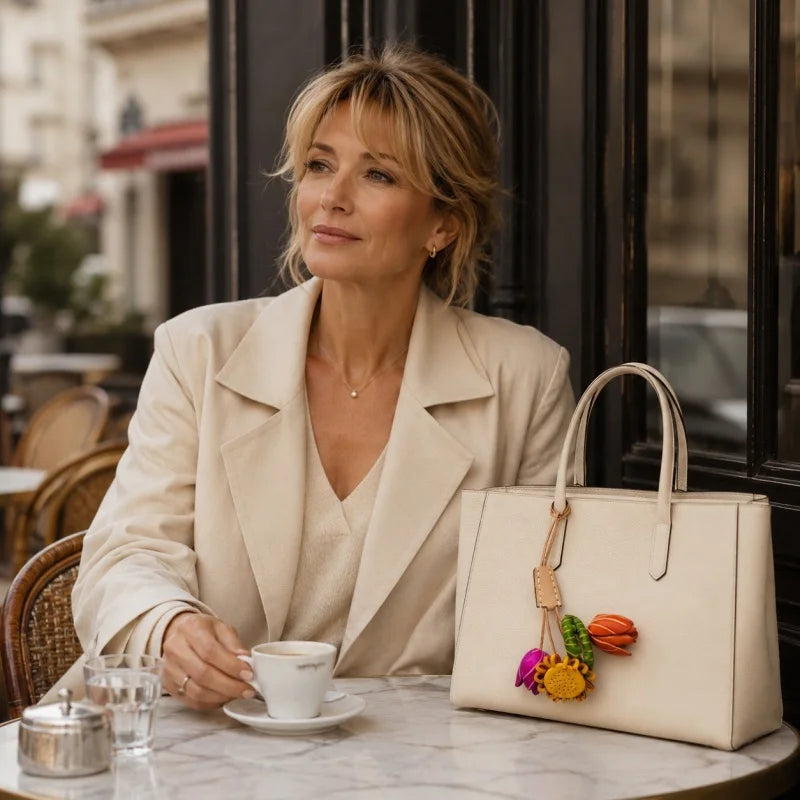 Dije de cuero con diseño de jardín floral nórdico: accesorio hecho a mano en piel de vacuno plena flor para bolsos y regalos, con un estilo elegante y floreciente.